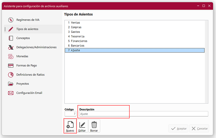 Ventana Asistente para configuración de archivos auxiliares en ClassicConta 7.